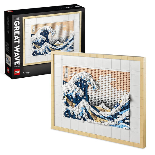 LEGO Art Hokusai – The Great Wave 31208 set with 1,810 pieces, including six canvas plates, two hanger elements, and a decorative tile featuring Hokusai's signature.