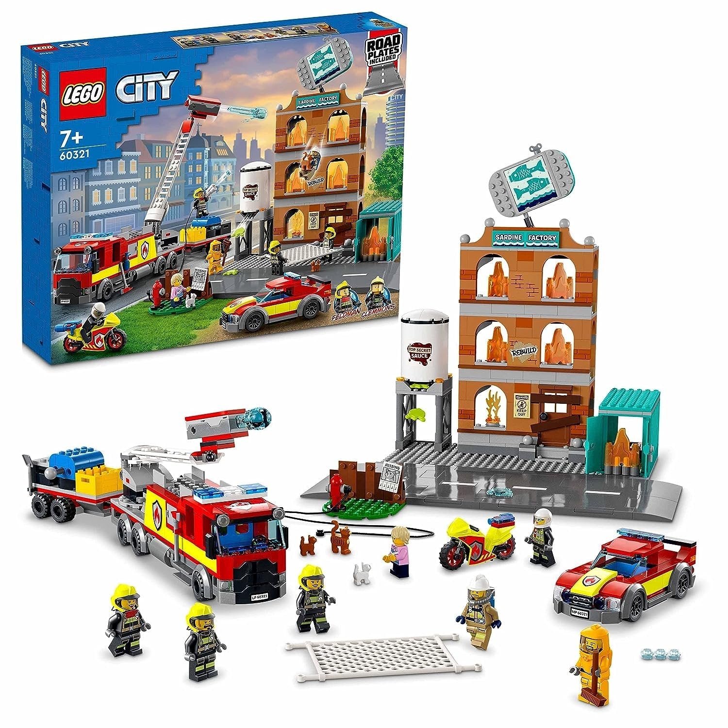 LEGO 60321 City Fire Brigade set with 766 pieces, featuring fire trucks, firefighter minifigures, and firefighting equipment for rescue play.