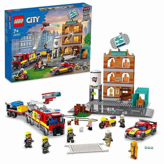 LEGO 60321 City Fire Brigade set with 766 pieces, featuring fire trucks, firefighter minifigures, and firefighting equipment for rescue play.