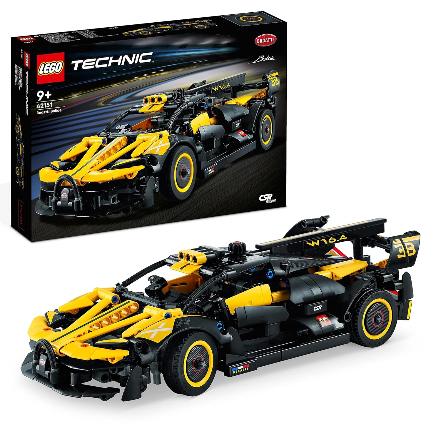 LEGO Technic 42151 Bugatti Bolide set showcasing a detailed race car model with W16 engine, steering mechanism, scissor doors, and vibrant yellow and black color scheme.