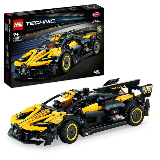 LEGO Technic 42151 Bugatti Bolide set showcasing a detailed race car model with W16 engine, steering mechanism, scissor doors, and vibrant yellow and black color scheme.