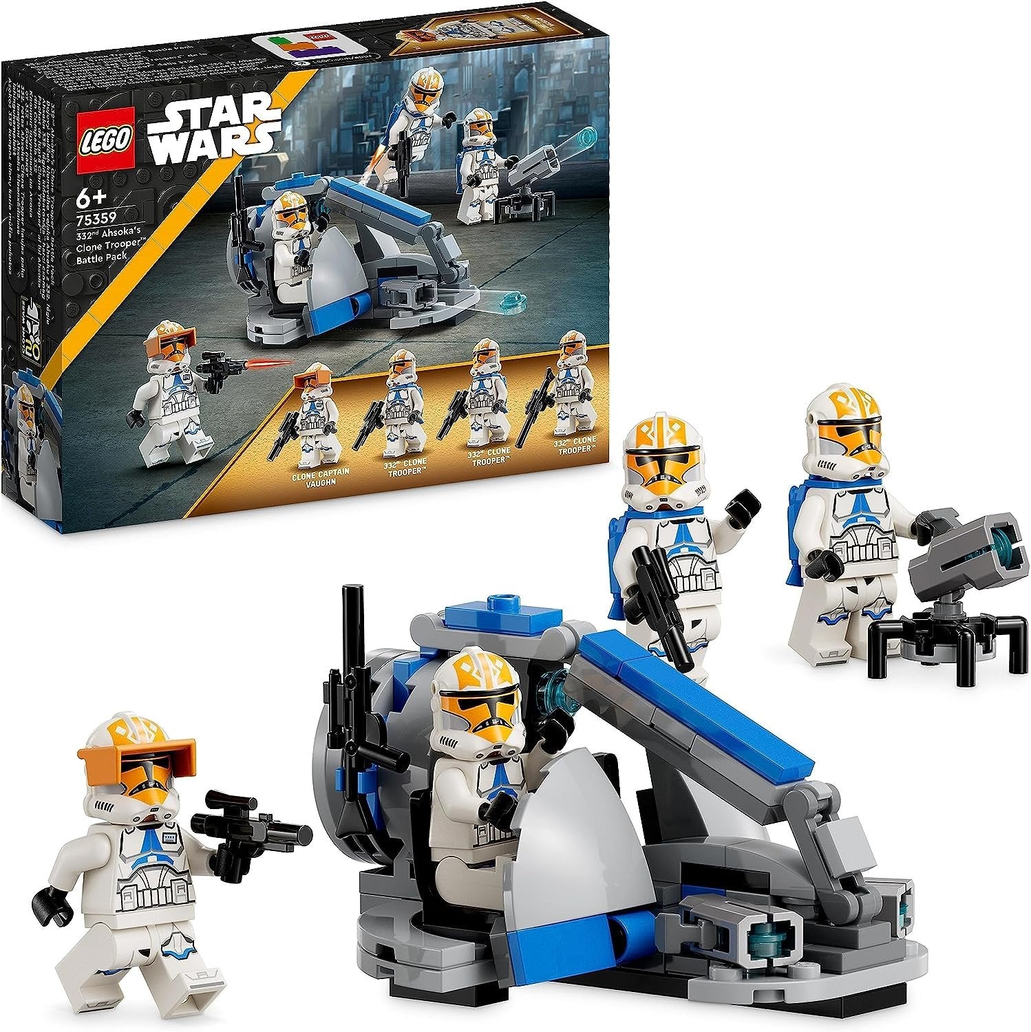 LEGO 75359 Star Wars 332nd Ahsoka's Clone Trooper Battle set featuring Ahsoka Tano, 332nd Clone Troopers, and a battle scene from the Clone Wars.