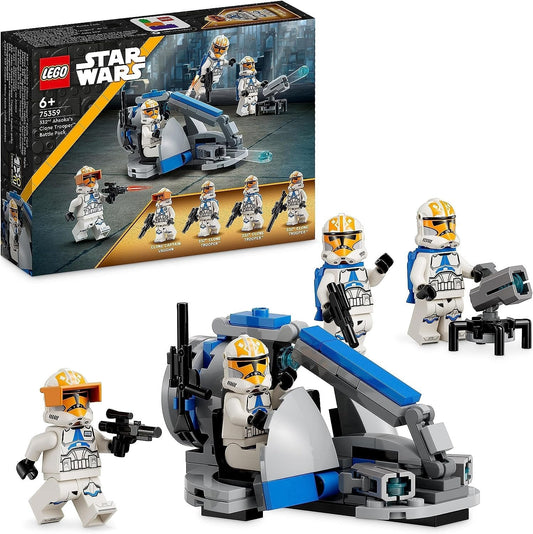 LEGO 75359 Star Wars 332nd Ahsoka's Clone Trooper Battle set featuring Ahsoka Tano, 332nd Clone Troopers, and a battle scene from the Clone Wars.