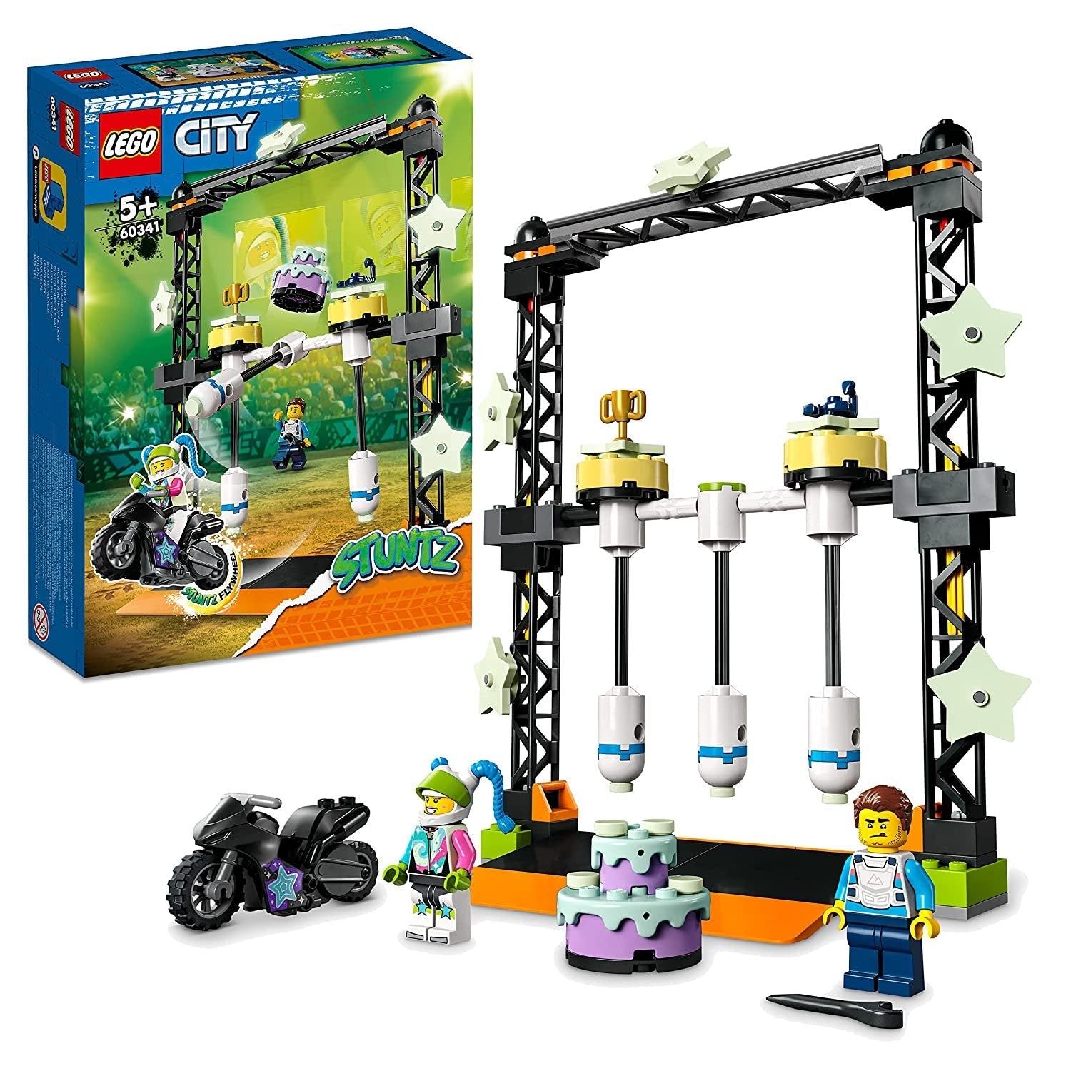 LEGO 60341 City The Knockdown Stunt Challenge set with 117 pieces, featuring stunt bikes and obstacles for an action-packed experience.
