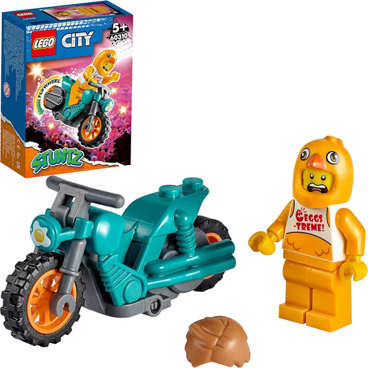 LEGO City Stuntz 60310 Chicken Stunt Bike set with a flywheel motorcycle and a chicken-suit minifigure for stunt action fun.