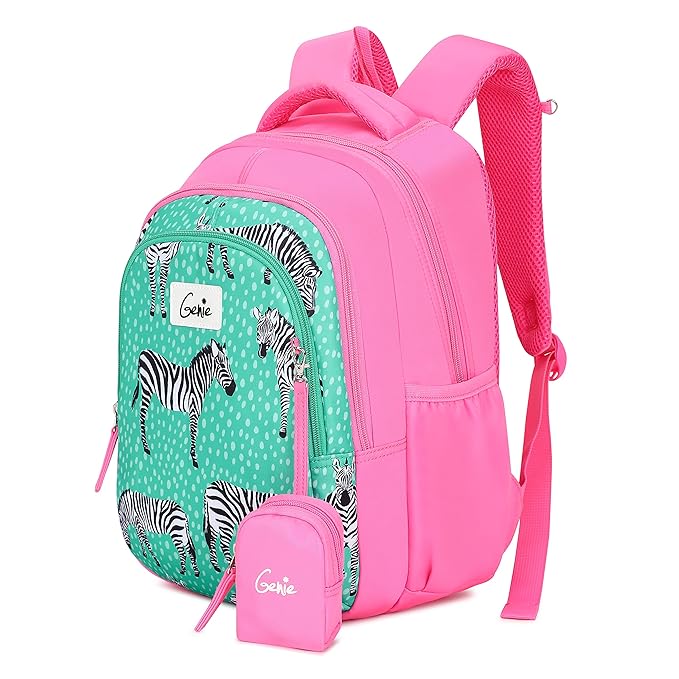Genie Valerie Kids Backpacks, 15 inches, Cute, Colourful bags for girls, Water Resistant and Lightweight. 3 compartment with Happy Pouch