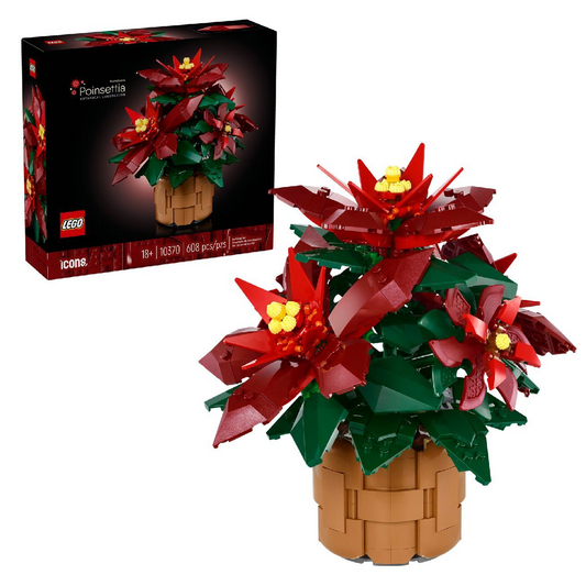 LEGO Icons Poinsettia Plant Decor 10370 set showcasing the vibrant red bracts, green leaves, and woven-basket flowerpot.​