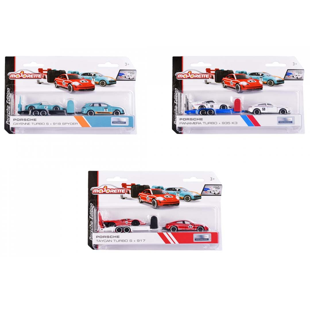 Majorette Porsche Race Trailer – Pack of 3 | 1:64 Scale Premium Die-Cast Vehicle & Trailer Set