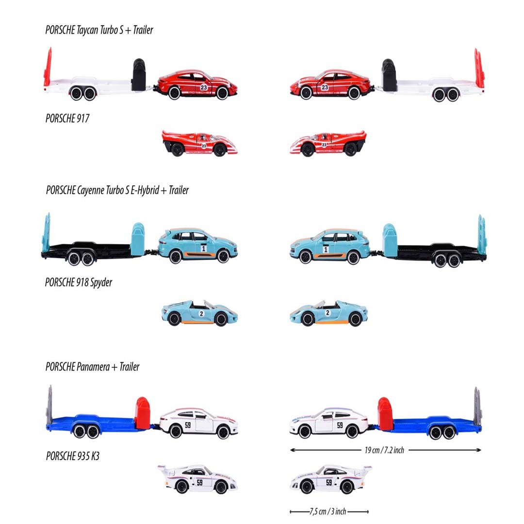 Majorette Porsche Race Trailer – Pack of 3 | 1:64 Scale Premium Die-Cast Vehicle & Trailer Set