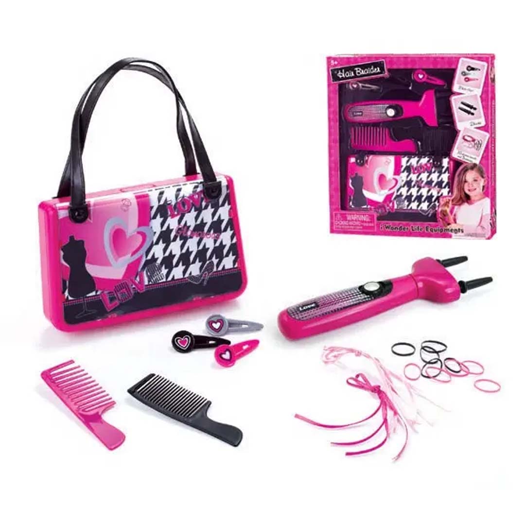 Kids Hair Styling Accessories Set with Cute Handbag Toy – Includes 2 Combs, 10 Pink Hair Rings, 10 Elastic Bands, and 5 Colorful Ribbons for Girls’ Fashion and Dress-Up Play