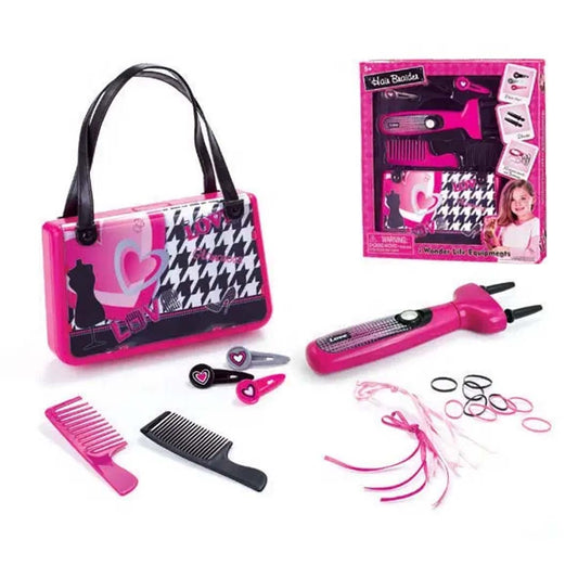 Kids Hair Styling Accessories Set with Cute Handbag Toy – Includes 2 Combs, 10 Pink Hair Rings, 10 Elastic Bands, and 5 Colorful Ribbons for Girls’ Fashion and Dress-Up Play