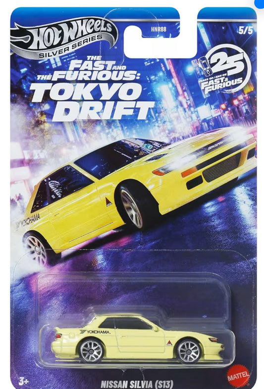 Hot Wheels Toy Car, Fast & Furious Nissan Silvia S13 Custom 1:64 Scale Vehicle with Elevated Deco Execution, Die-Cast Car Seen in The Fast Movies (Styles May Vary)