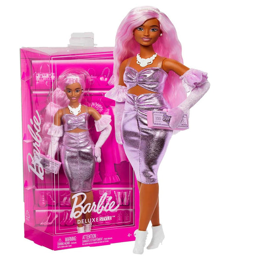 Barbie Deluxe Style Doll #1 in Barbiecore Outfit, Pink Hair and Glossy Pink Dress with Accessories Like Velvet Gloves, Money Purse, and More