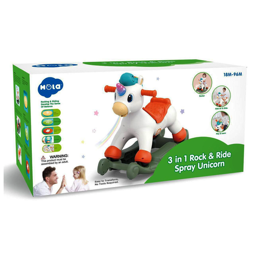 Hola Toys Musical Unicorn – 3-in-1 Rocking Spray Ride-On for Kids (18 Months to 8+ Years)