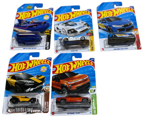 Hot Wheels 2025 Assorted Die-Cast Cars – Bat Boat, Mazda 787B, Honda Civic Type R, Safari Mode Safari, Silverado EV RST (5-Pack Display)Random