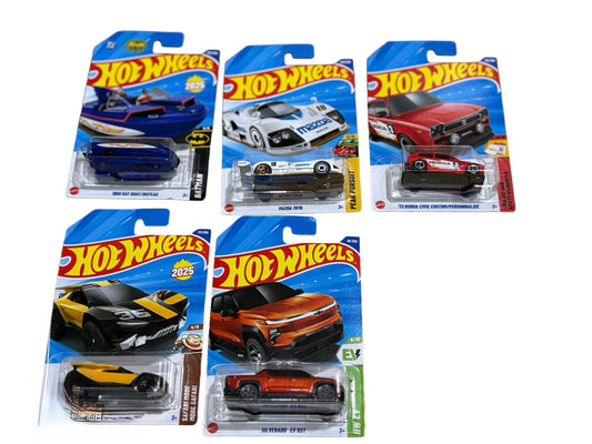 Hot Wheels 2025 Die-Cast Cars – Bat Boat, Mazda 787B, ’73 Honda Civic Custom, Safari Mode Safari, Silverado EV RST (Set of 5)Random