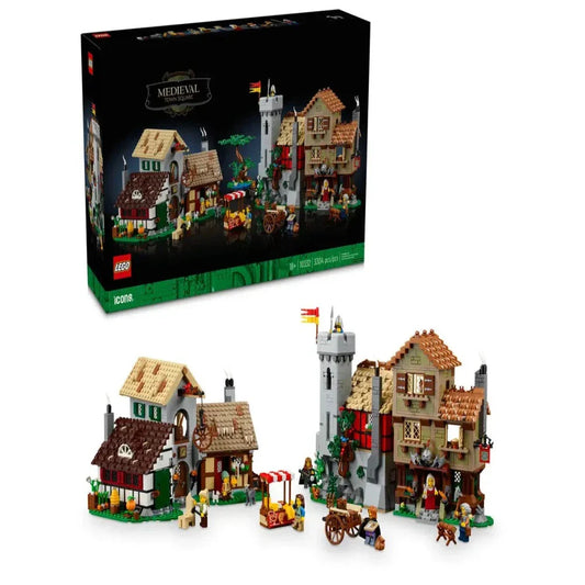 LEGO 10332 Medieval Town Square set featuring five detailed buildings: an old farmhouse, cheese factory, Broken Axes Inn, shieldsmith’s workshop, and castle watchtower, along with eight unique minifigures.