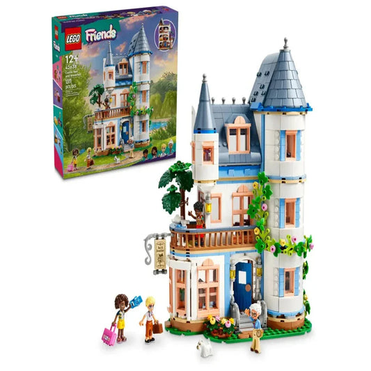 LEGO Friends 42638 Castle Bed and Breakfast set featuring a 3-story château with 1,311 pieces, 4 mini-dolls, a dog figure, and detailed interiors.​