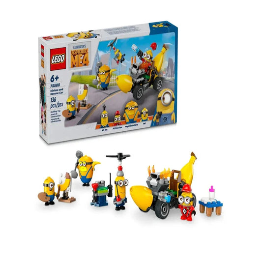 LEGO 75580 Minions and Banana Car set featuring a banana-shaped vehicle with removable engine, 4 Minion figures (Mel, AVL Tim, Mega Minion Dave, Pit Crew Ron), and accessories like weight-lifting bar, painting tools, and diaper-disposal gear.