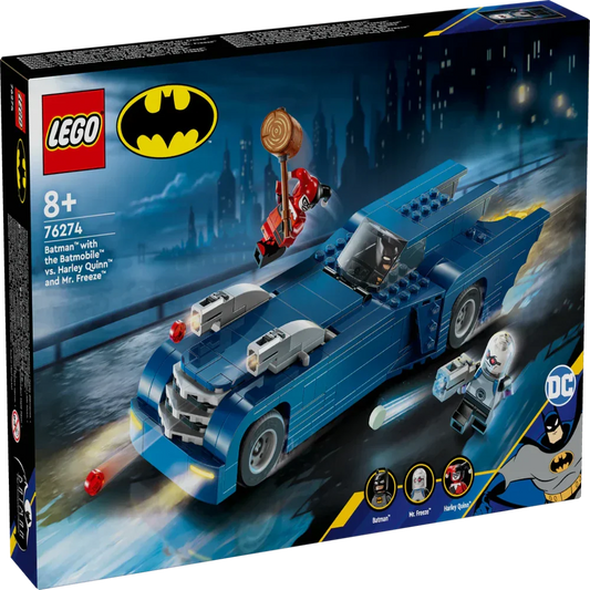LEGO 76274 set featuring Batman™ with Batmobile™, Harley Quinn™, and Mr. Freeze™ minifigures. Batmobile includes stud launchers, rotating tailpipe, and display stand.