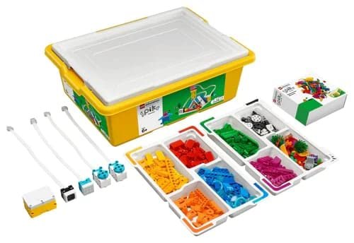 LEGO Education SPIKE™ Essential Set 45345 with 449 pieces, featuring a variety of bricks, motors, sensors, and a storage box for easy classroom management.