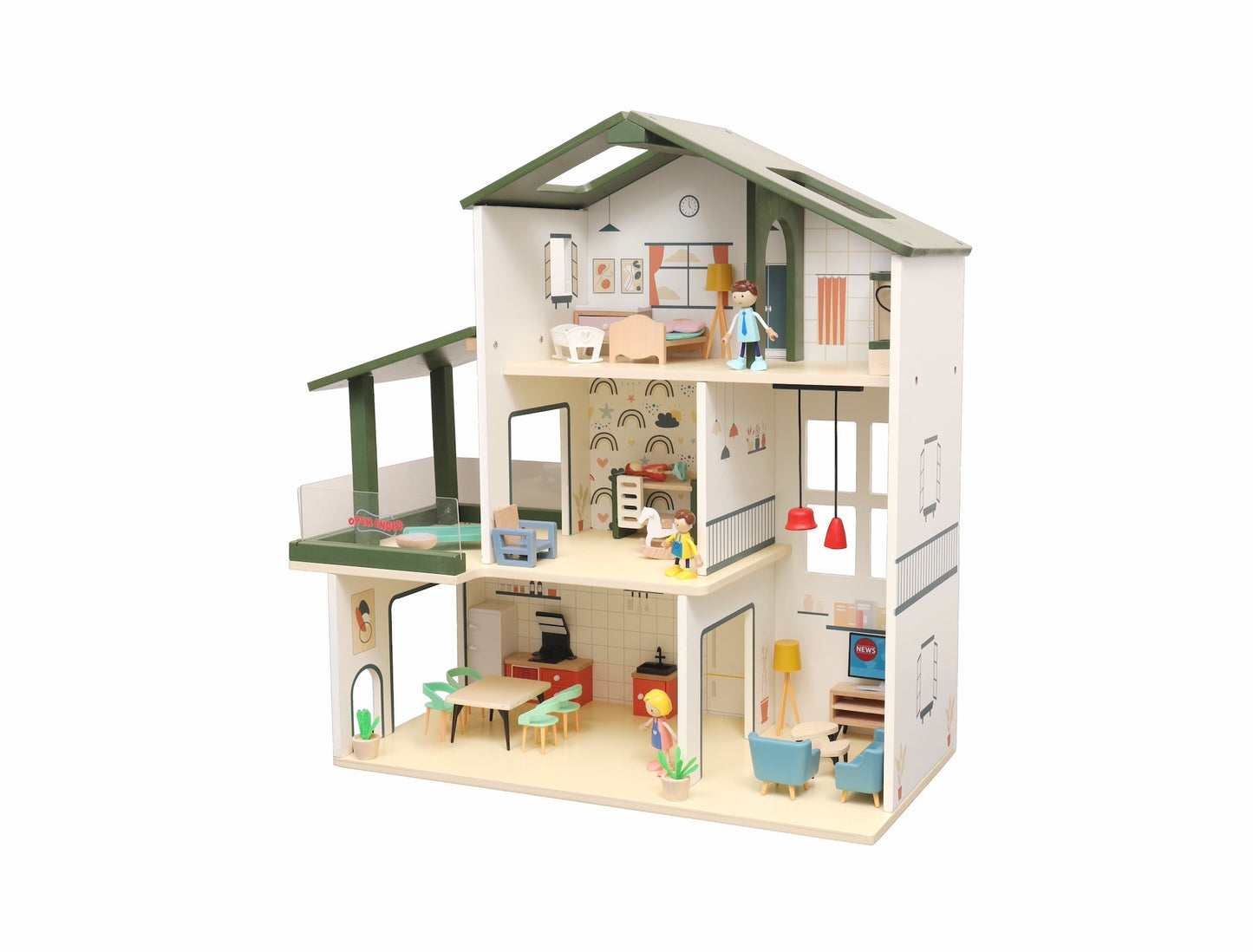 Open Ended Wooden Dollhouse - Modern Villa (31 pcs furniture including 4 doll figures included)-Pretend Play-Open Ended-Toycra