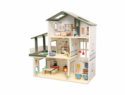 Open Ended Wooden Dollhouse - Modern Villa (31 pcs furniture including 4 doll figures included)-Pretend Play-Open Ended-Toycra