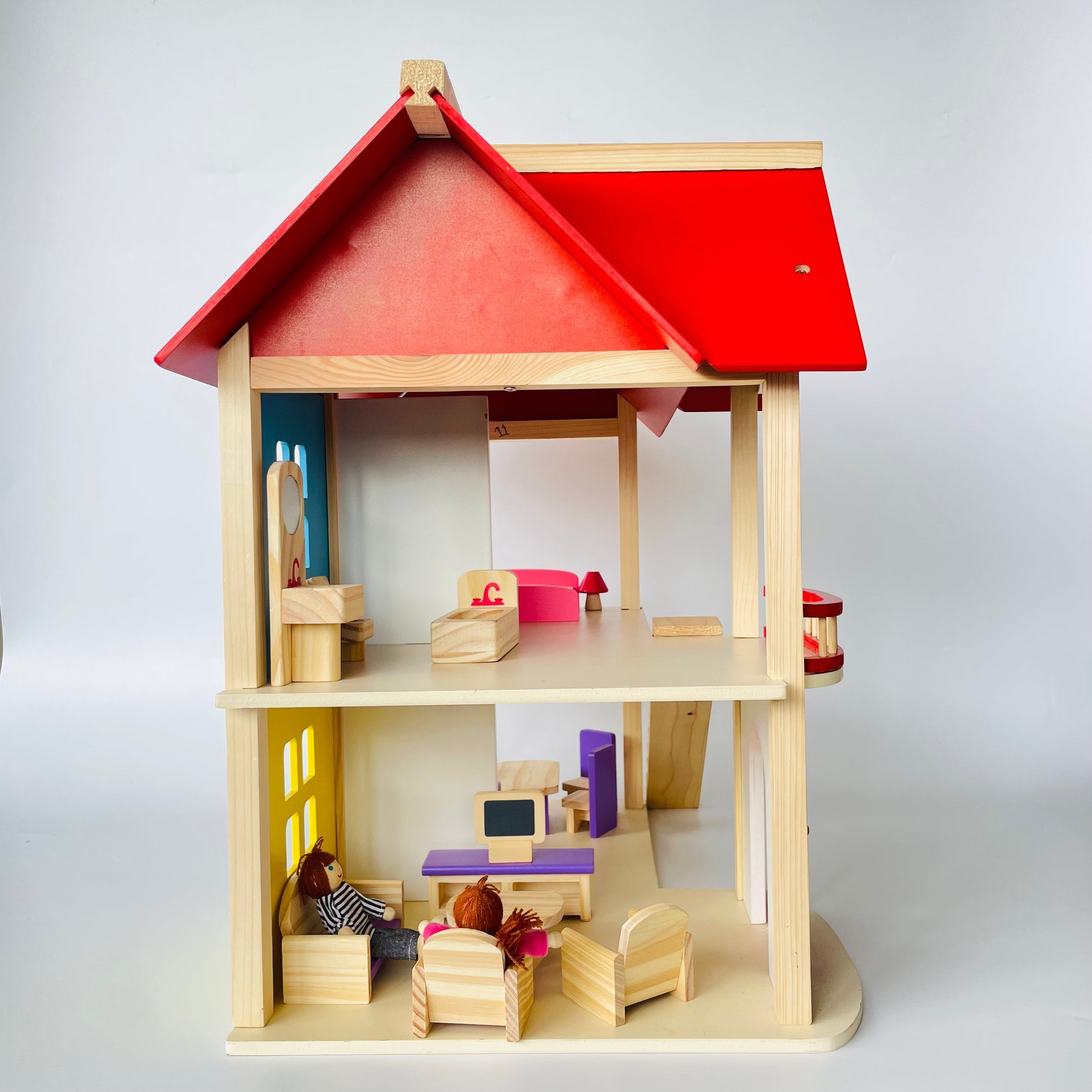 Open Ended Wooden Dollhouse - Redwood Cottage (19 pcs furniture + 2 doll figures included)-Pretend Play-Open Ended-Toycra