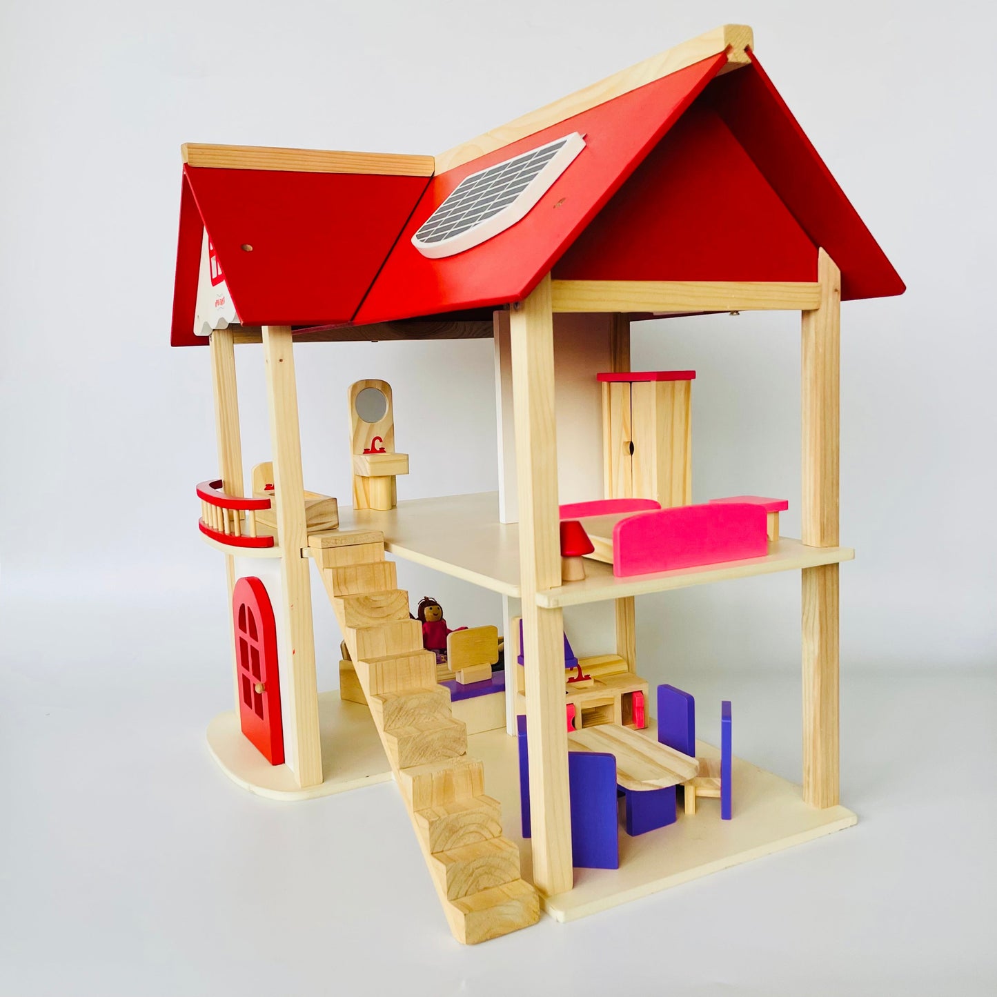 Open Ended Wooden Dollhouse - Redwood Cottage (19 pcs furniture + 2 doll figures included)-Pretend Play-Open Ended-Toycra