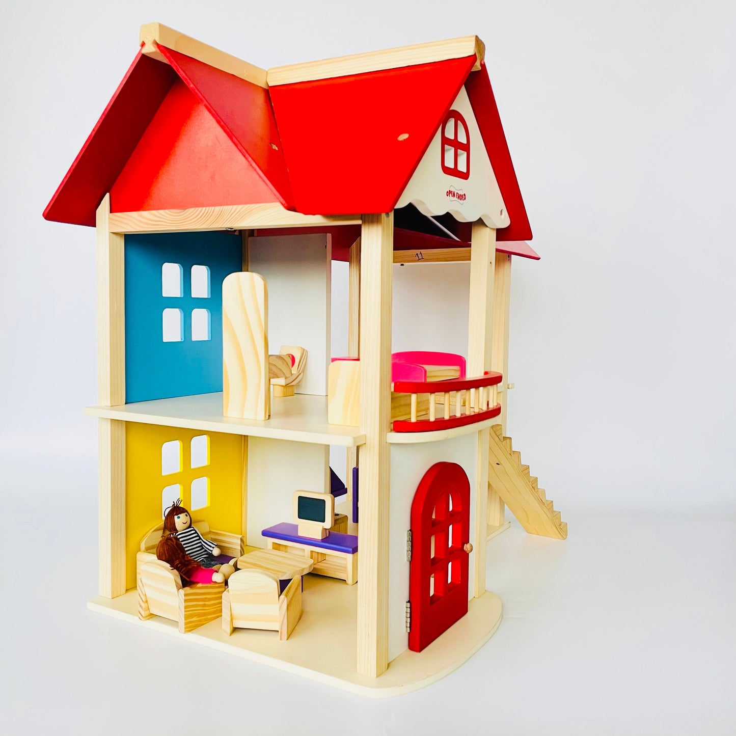 Open Ended Wooden Dollhouse - Redwood Cottage (19 pcs furniture + 2 doll figures included)-Pretend Play-Open Ended-Toycra