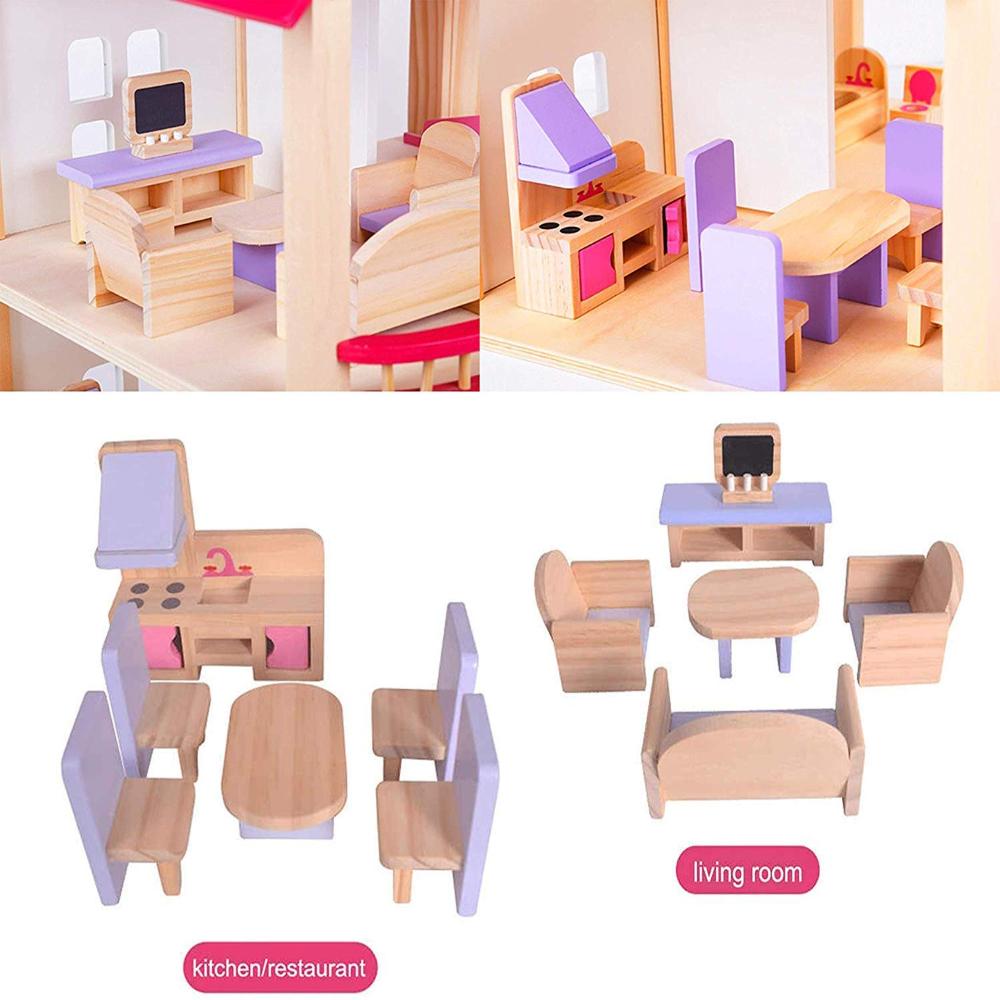 Open Ended Wooden Dollhouse - Redwood Cottage (19 pcs furniture + 2 doll figures included)-Pretend Play-Open Ended-Toycra