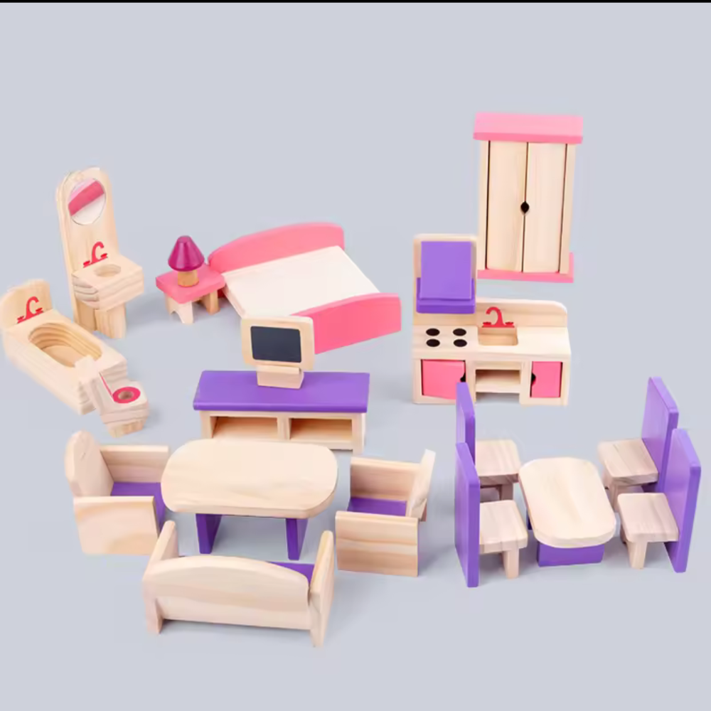 Open Ended Wooden Dollhouse - Redwood Cottage (19 pcs furniture + 2 doll figures included)-Pretend Play-Open Ended-Toycra