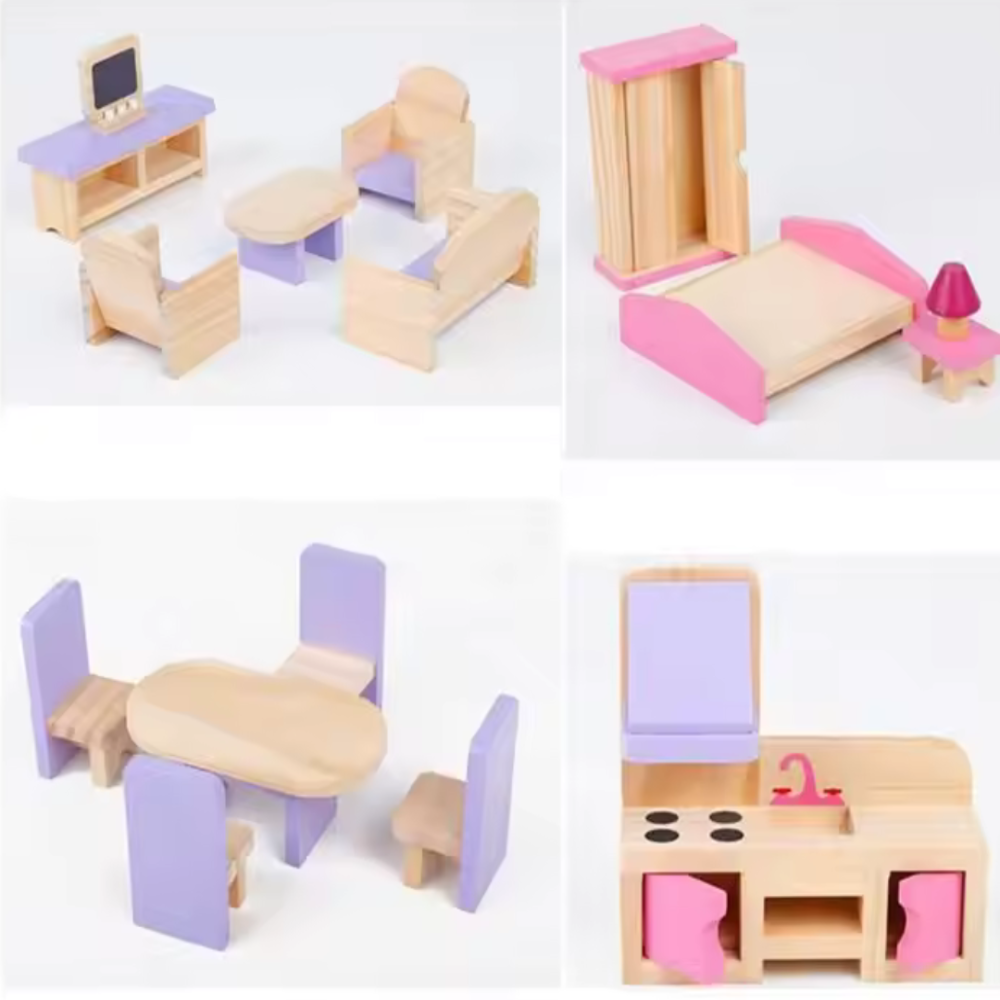 Open Ended Wooden Dollhouse - Redwood Cottage (19 pcs furniture + 2 doll figures included)-Pretend Play-Open Ended-Toycra
