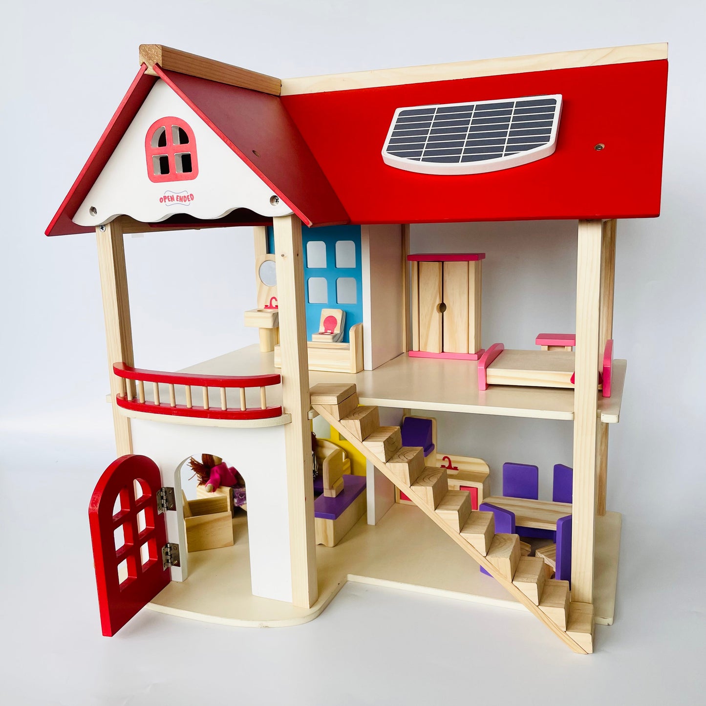 Open Ended Wooden Dollhouse - Redwood Cottage (19 pcs furniture + 2 doll figures included)-Pretend Play-Open Ended-Toycra