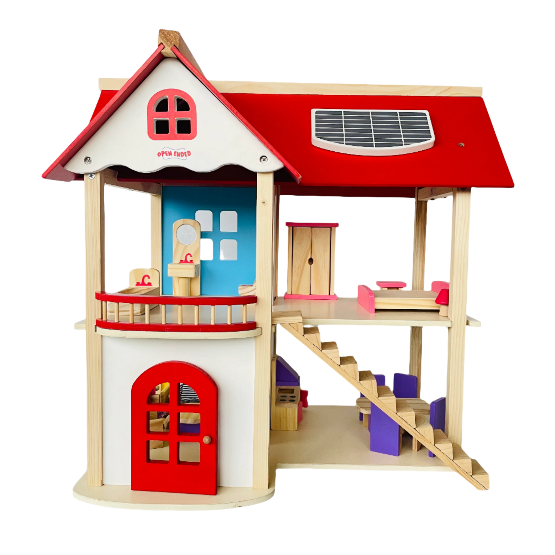 Open Ended Wooden Dollhouse - Redwood Cottage (19 pcs furniture + 2 doll figures included)-Pretend Play-Open Ended-Toycra