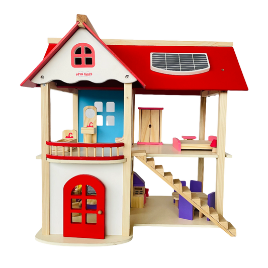 Open Ended Wooden Dollhouse - Redwood Cottage (19 pcs furniture + 2 doll figures included)-Pretend Play-Open Ended-Toycra