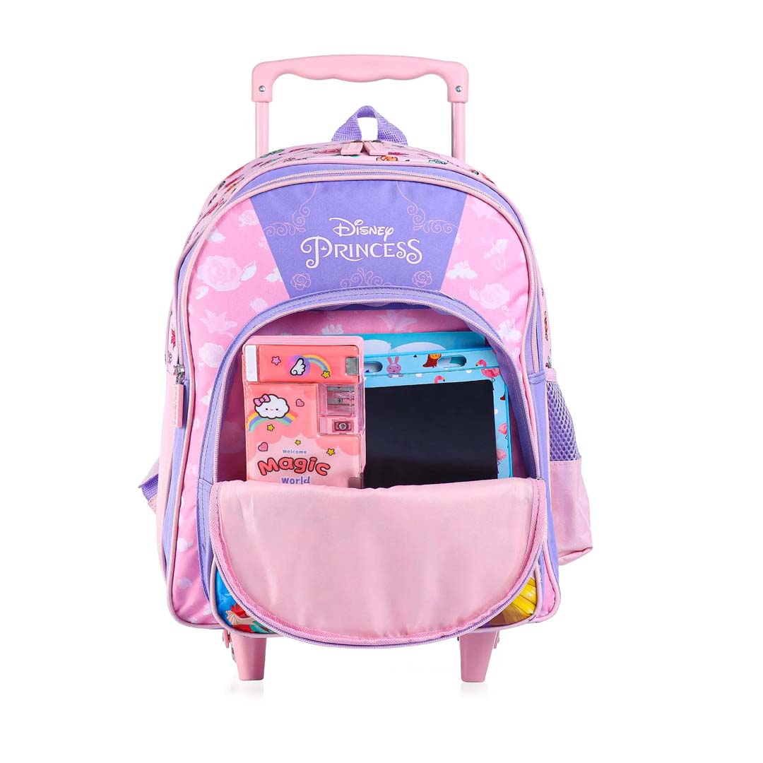 STRIDERS Disney Princess Trolley School backpack with PVC embossed Front Pocket Pink and Purple - 16 inches