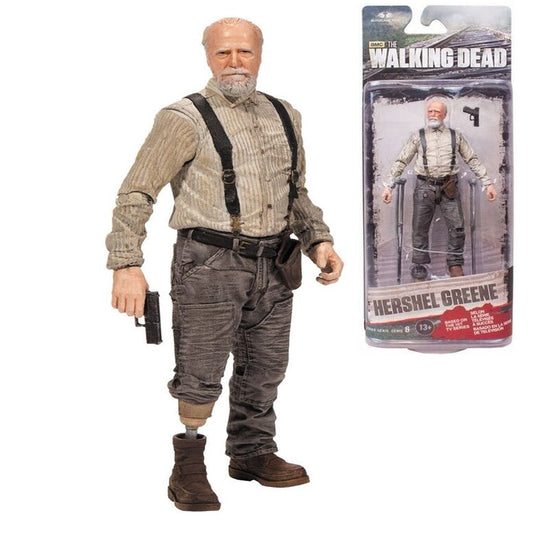 McFarlane Toys 5-inch Hershel Greene action figure from The Walking Dead Series 6, featuring crutches, alternate legs, and head with bandana.​
