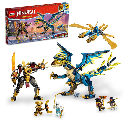LEGO Ninjago 71796 Elemental Dragon battling The Empress Mech with detailed builds, ninja minifigures, and dynamic action features