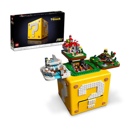 LEGO 71395 Super Mario 64 Question Mark Block set displaying the iconic block with interactive levels, including Peach's Castle and Bob-omb Battlefield, surrounded by detailed microfigures.​
