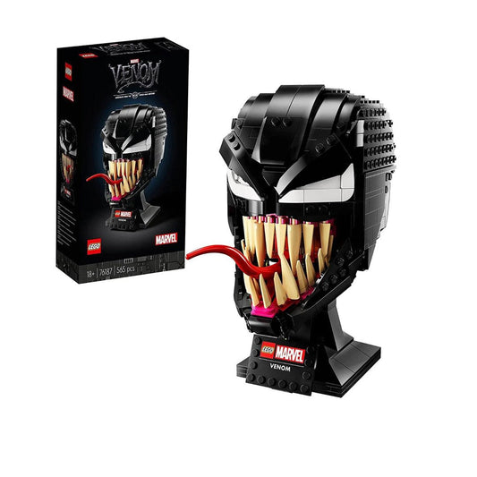 LEGO Marvel Venom 76187 set showcasing a detailed bust of Venom with oversized jaw, sharp teeth, and twisting tongue on a display base.​