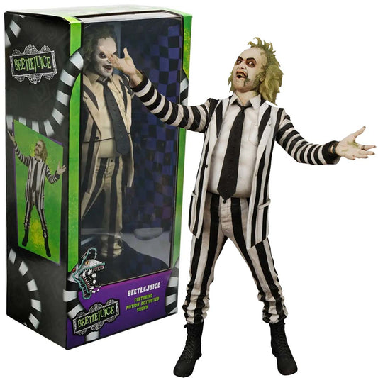 NECA 1/4 scale Beetlejuice action figure in classic striped suit from the 1988 movie, featuring detailed sculpt and movie-accurate design.

