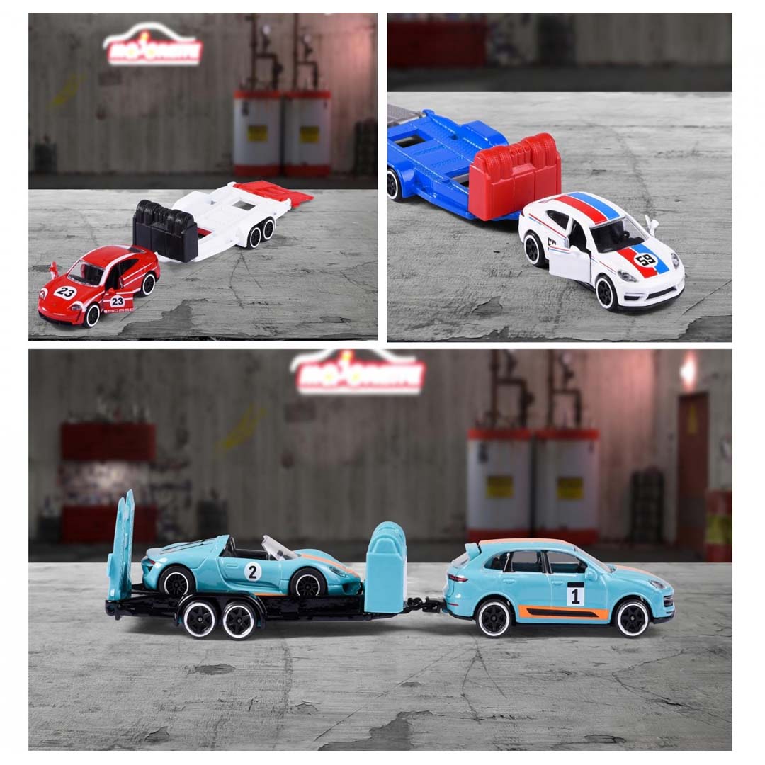 Majorette Porsche Race Trailer – Pack of 3 | 1:64 Scale Premium Die-Cast Vehicle & Trailer Set