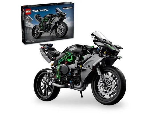 LEGO 42170 Technic Kawasaki Ninja H2R set featuring a detailed 1:8 scale motorcycle with steering, suspension, 2-speed gearbox, 4-piston engine, supercharger, and display kickstand.​