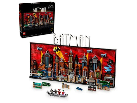 LEGO 76271 Gotham City set showcasing the detailed skyline with removable panels revealing iconic locations and characters from Batman: The Animated Series.​
