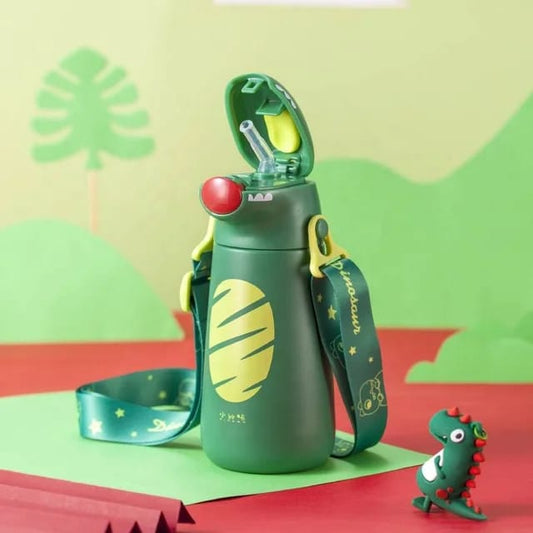Kids Dino Water Bottle with One-Touch Flip Lid and Straw, Stainless Steel Bottle 400 ML (Green)