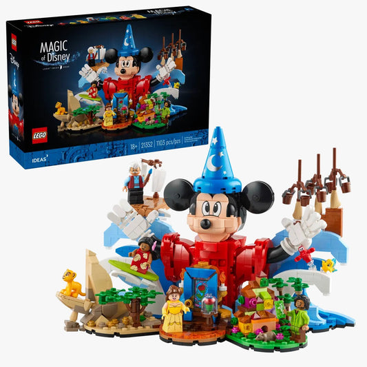 LEGO Ideas 21352 Magic of Disney set featuring Sorcerer Mickey, Belle, Simba, Lilo, Geppetto, Bruno, Sebastian, and Flounder in detailed vignettes.​