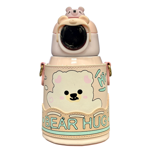 Bear Hug Stainless Steel Digital Water Bottle For Kids with carry bag, additional cup and sipper 500 ML (Pink)