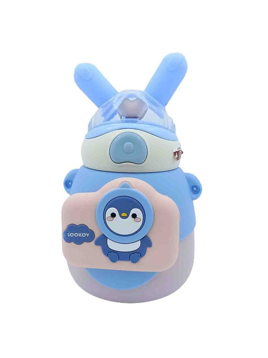 Lookoy Penguin Stainless Steel Water Bottle With Straw 550 ML (Blue)