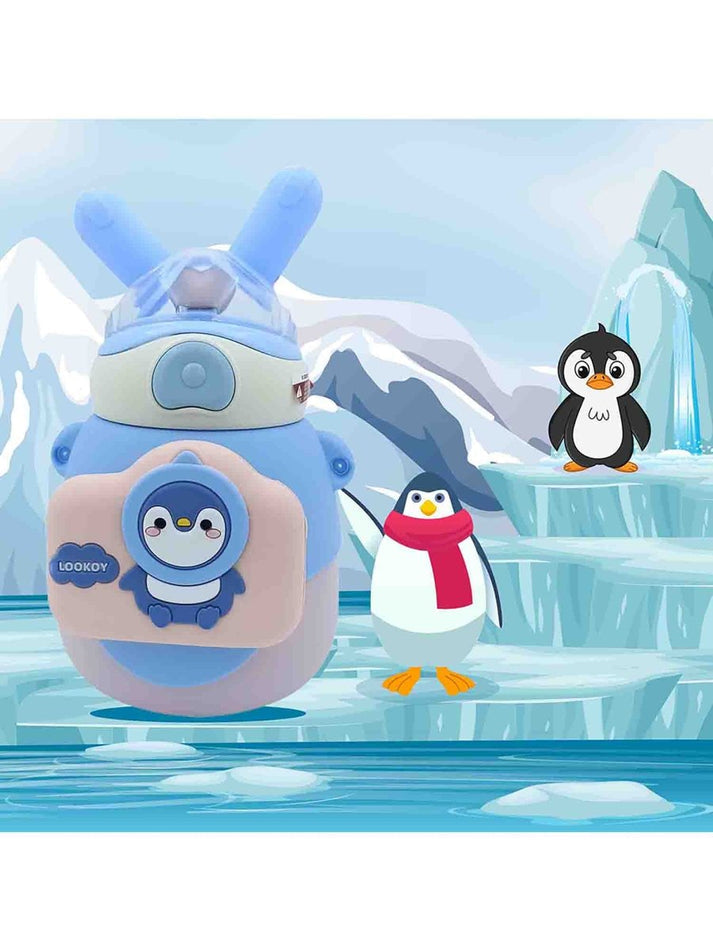 Lookoy Penguin Stainless Steel Water Bottle With Straw 550 ML (Blue)